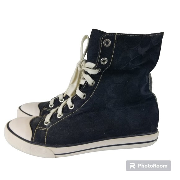 Coach Women Sz 8.5 High Top Sneaker Black Signature C Leopard Inside Print - Picture 1 of 16